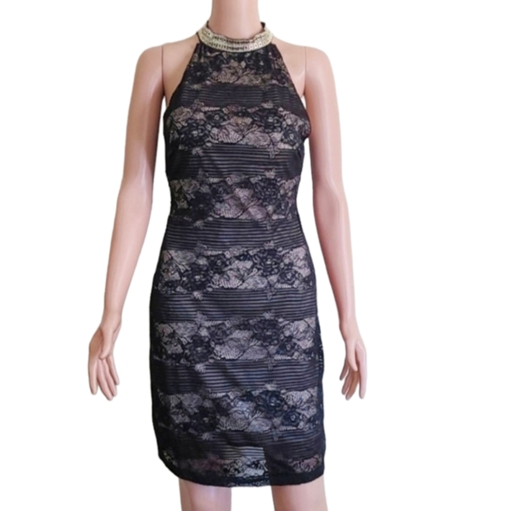 BEWARE Sleeveless Black Lace Over Beige Cocktail Evening Dress Size M Medium